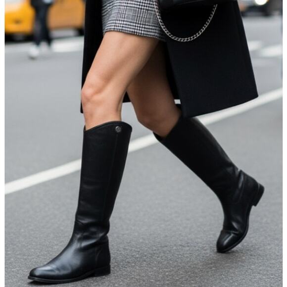 FRYE Melissa Button 2 Riding Boots Tall Leather Block Heel Flat, Black - Picture 1 of 12